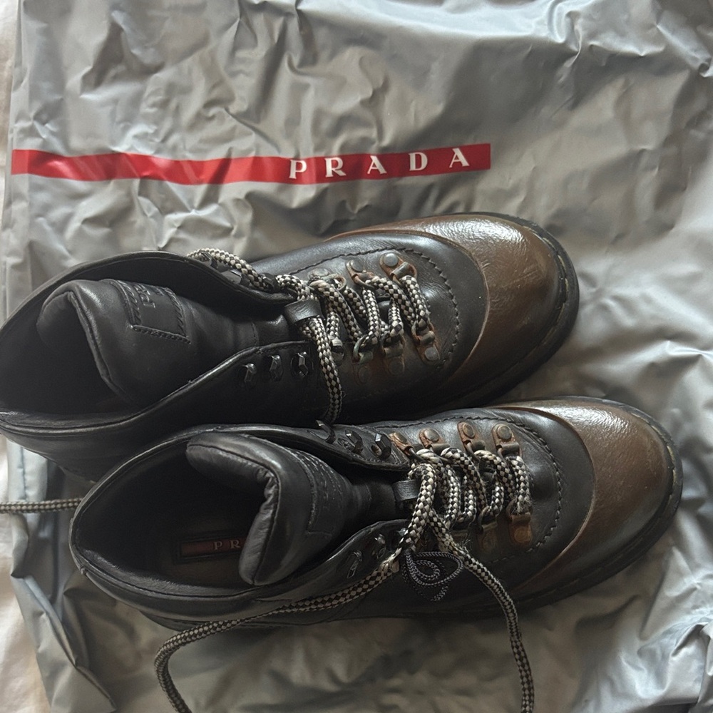 Prada Men's Black and Brown Leather Boots